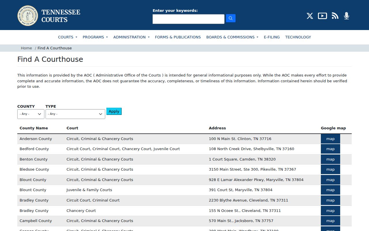 Sequatchie County warrant records courthouse reference from the Tennessee court directory