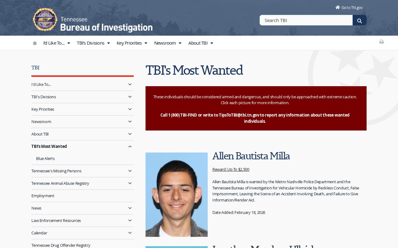 Sequatchie County most wanted reference showing the Tennessee TBI program heading and criteria area