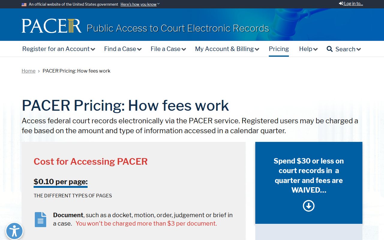 Sequatchie County most wanted context showing the federal PACER docket access fee information